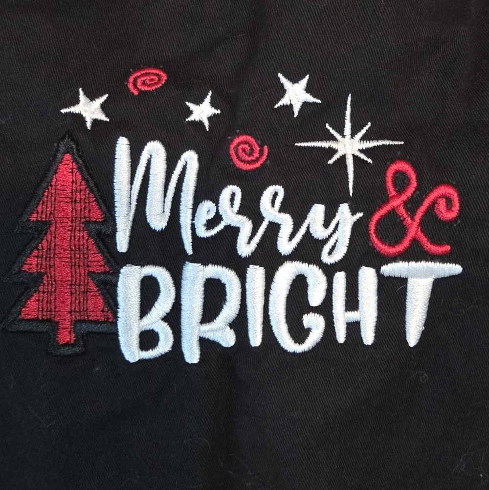 Merry & Bright Christmas Apron Black Cotton Holiday Cooking Baking One Size